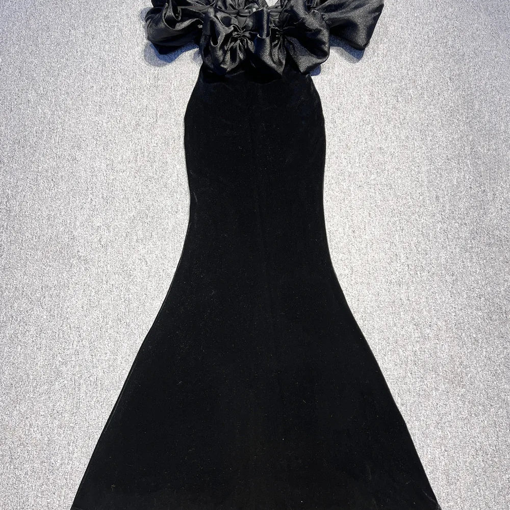 Black Winered Color Women Sexy Off the Shoulder Ruffles Bodycon Velvet Maxi Dress Wedding Party Mermaid Cocktail Outfit