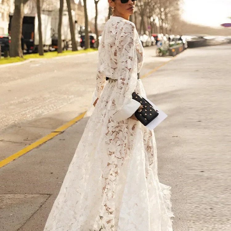 Spring Solid Lace Hollow Out Maxi Dress Women Fashion Lapel Long Sleeves Slim Dresses Elegant Female Party Club Robes WHITE
