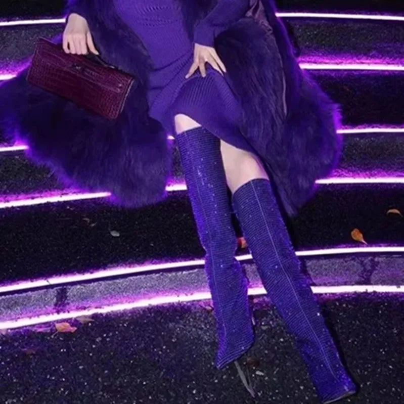 Rhinestone Women's High Boots Pointed Toe Slip-on Long Boots Women Boots High Heels Sexy Stiletto Ladies Party Shoes