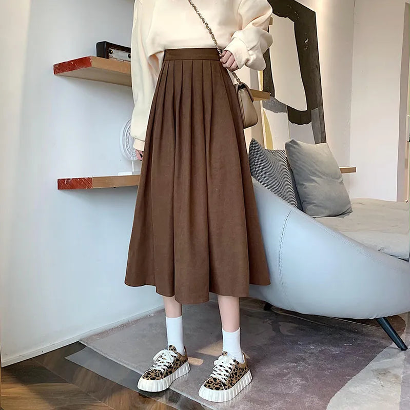 Vintage Brown High Waist Pleated Skirt Women Korean Fashion College Style Long Skirt Ladies Autumn Casual A line Skirts Brown