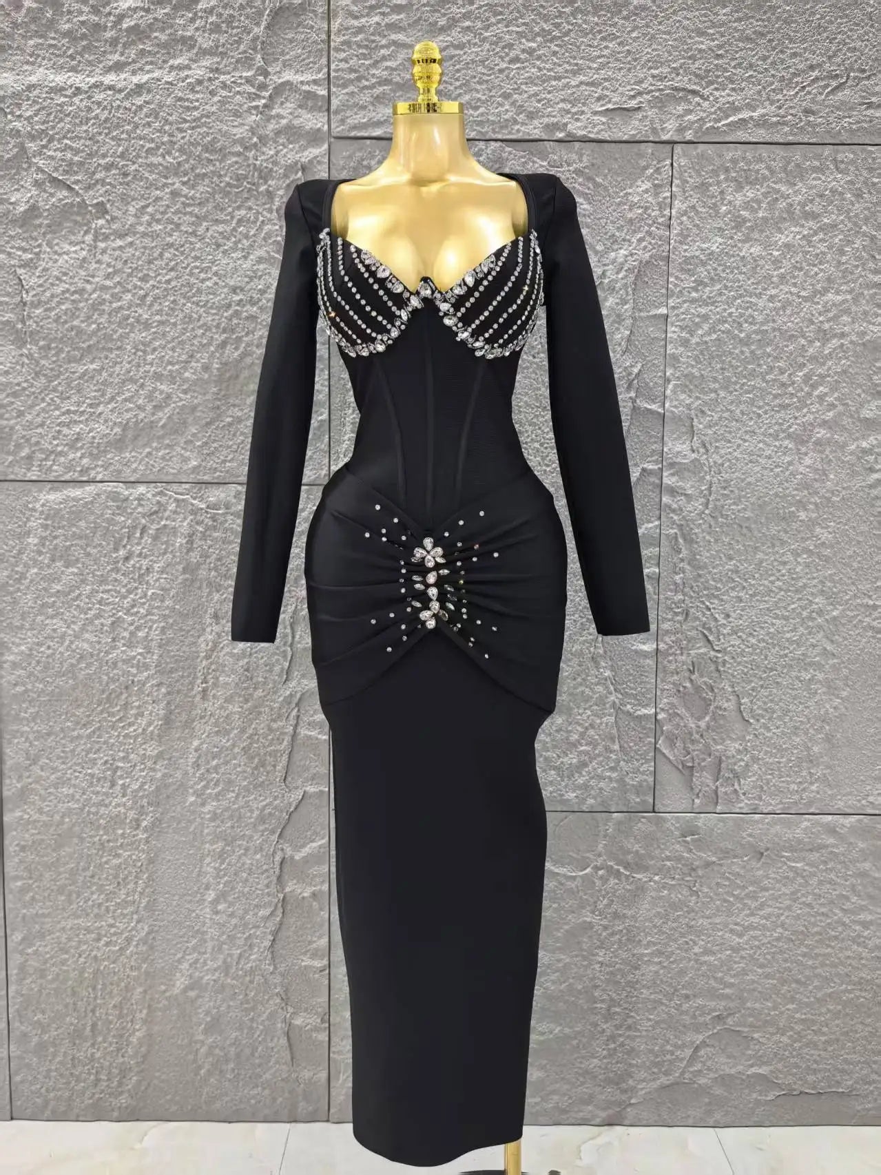 Vestido longo de bandagem brilhante com cristais brilhantes e gola quadrada, manga longa, sexy, de alta qualidade, para festa à noite