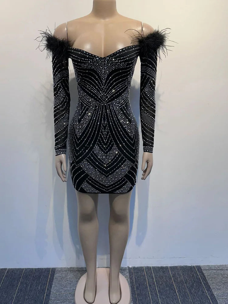 Luxury Woman Evening Dress Chic Feather Shoulder Black Rhinestone Studded Birthday Cocktail Dress Celebrities Outfits