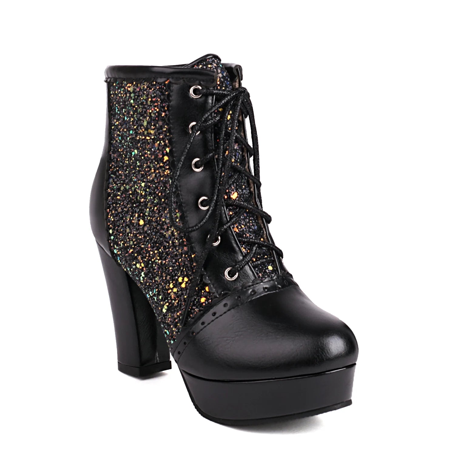 Women Ankle Boots Gold Silver Red Platform Shoes Elegant Studded Sequin Lace Up Autumn Winter Comfy Stable Chunky High Heels black