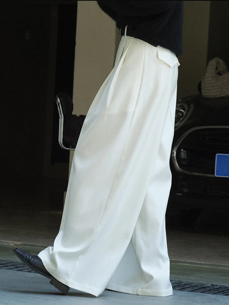 [LANMREM] Korean Style Pleated White Pants For Women High Waist Wide Leg Trousers Casual Loose Clothing Spring New 26D8719