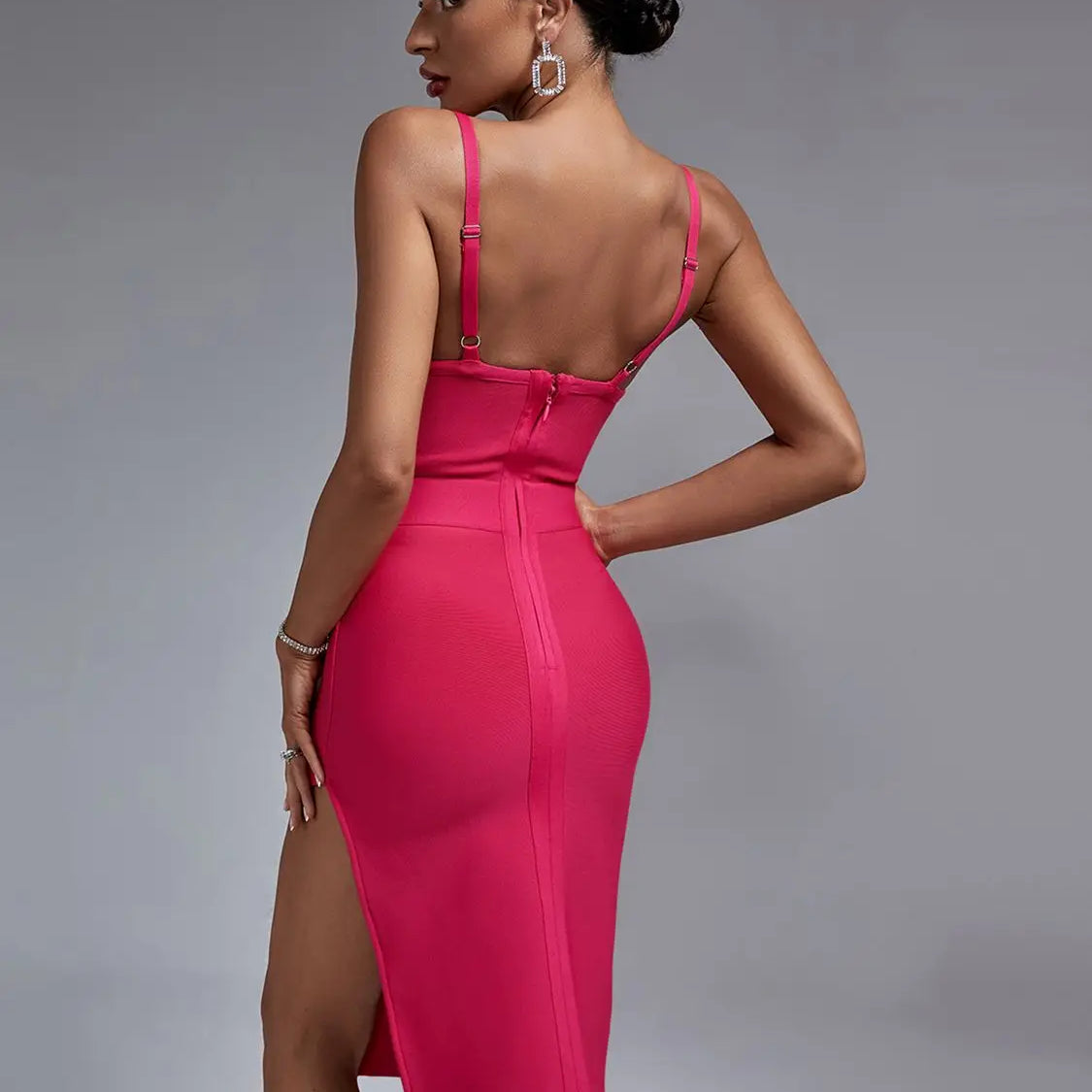 Women Bandage Dress Pink Party Dress Bodycon Elegant Spaghetti Strap Sexy Side Split Evening Birthday Club Outfits Summer 2023