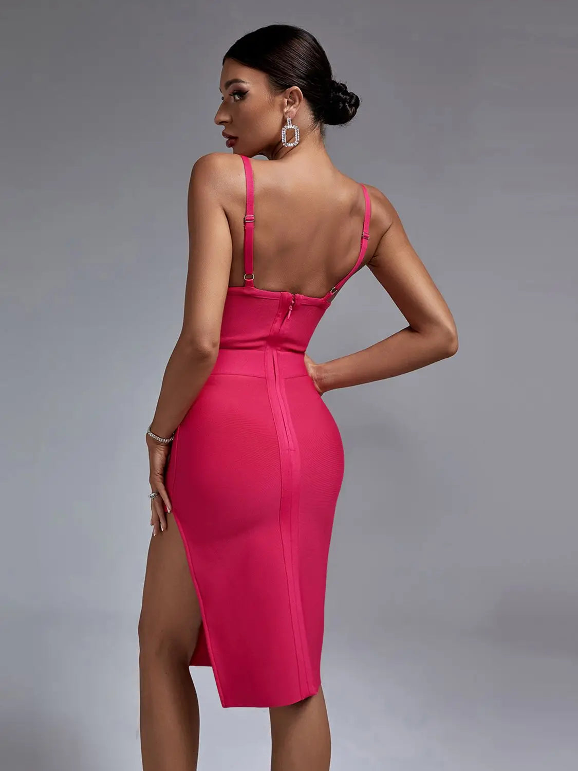 Women Bandage Dress Pink Party Dress Bodycon Elegant Spaghetti Strap Sexy Side Split Evening Birthday Club Outfits Summer 2023