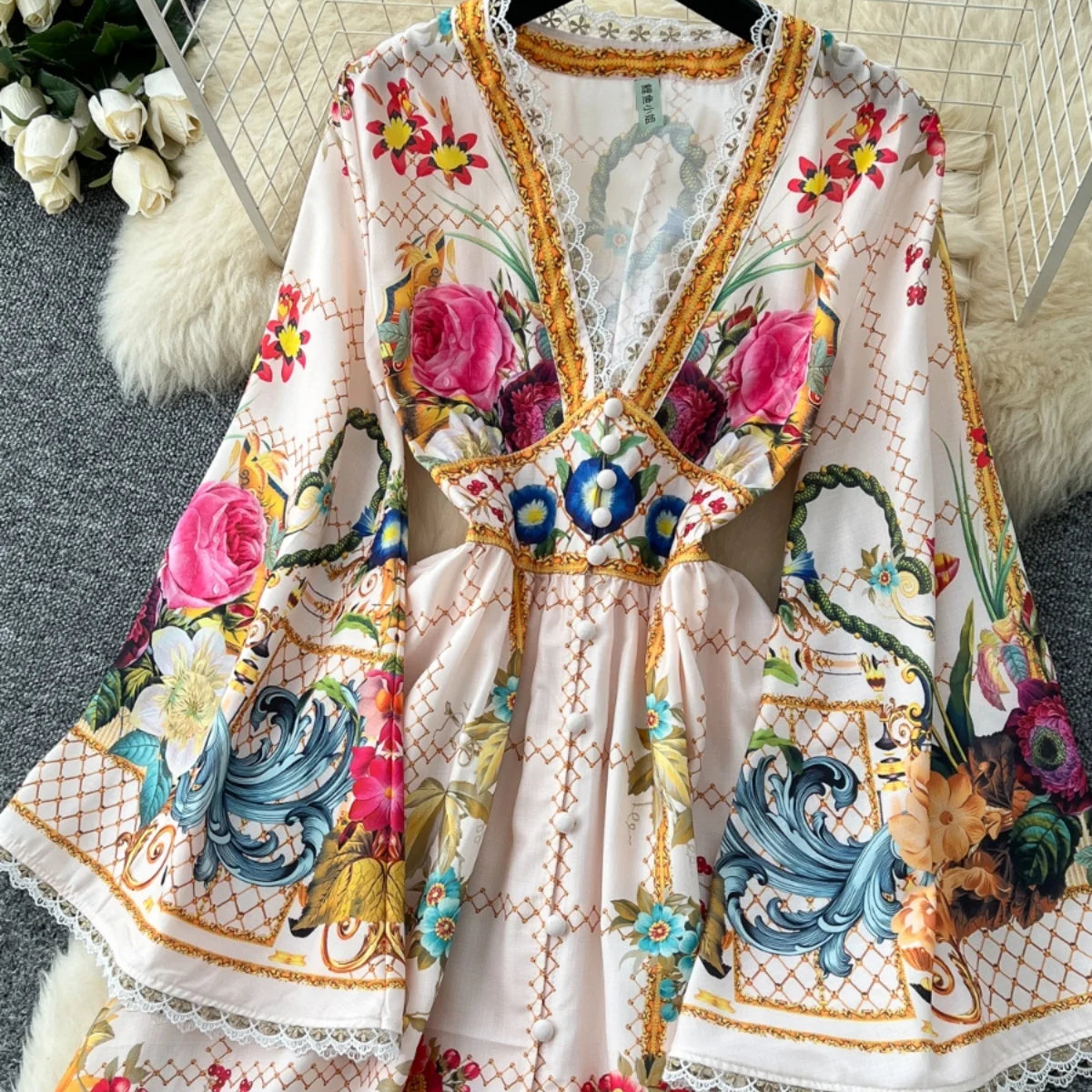 Elegant Floral Long Maxi Dresses Shirt Women Lantern Full Sleeve National Trench Print Single Breasted Lace Neck Party Vestidos