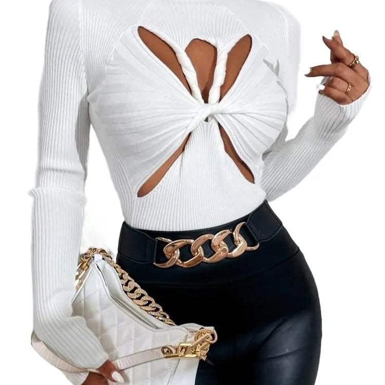 Slimming Crisscross Hollow Out Knitting Sweaters For Women Round Neck Long Sleeve Solid Casual Chic Sweater Female