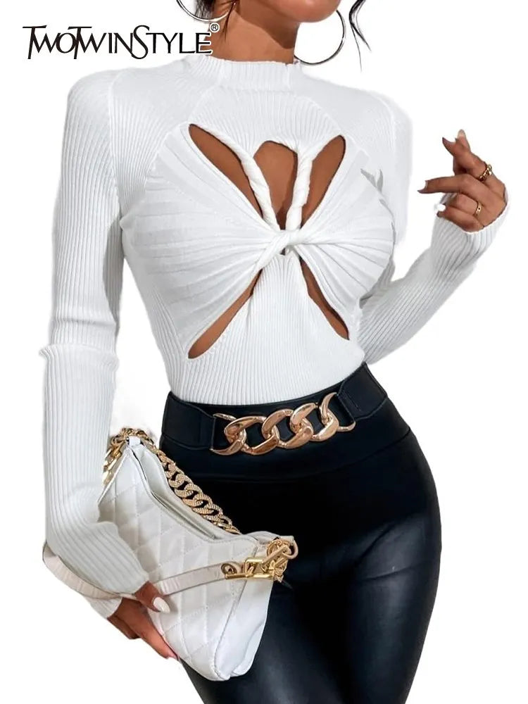 Slimming Crisscross Hollow Out Knitting Sweaters For Women Round Neck Long Sleeve Solid Casual Chic Sweater Female