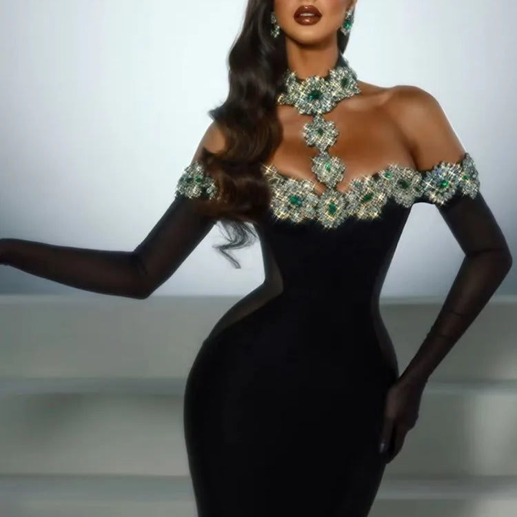 Summer Bandage Dress 2025 Women Celebrity Sexy Diamonds Crystal Black Maxi Long Bodycon Elegant Evening Club Party Dress