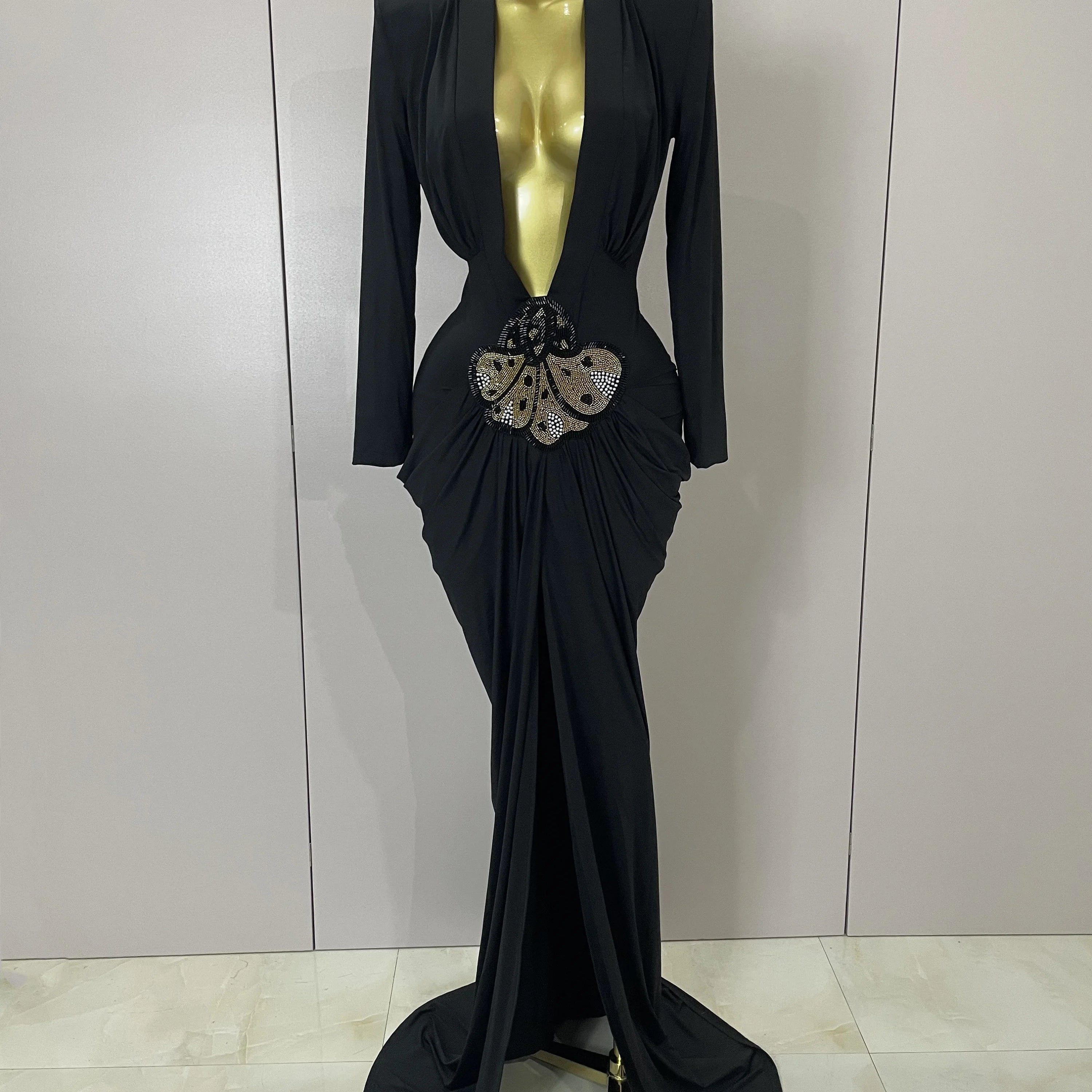 Sexy Deep V-Neck  Long Sleeve Bodycon Long Dress 2025 New Women Spring Elegant Evening Party Celebrate Cocktail Outfit Vestido