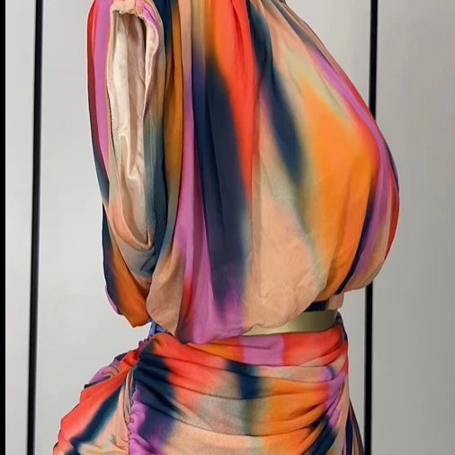 CM.YAYA Tie Dye Printed Women's Set Ruched Short Sleeve T-Shirt Tops and Stacked Mini Skirts Suit 2025 Two 2 Piece Sets Outfit