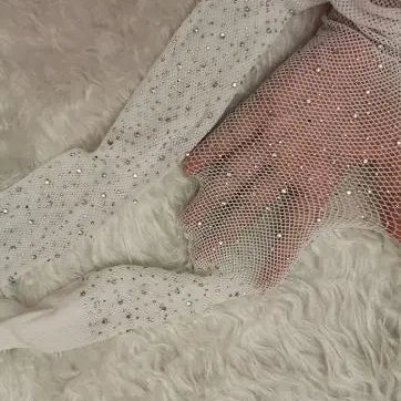 Fishnet Diamond Pantyhose Women Sexy Fashion Shiny Net Tights Female Slim Rhinestone Mesh Nylon Stockings Tights Ivory One Size