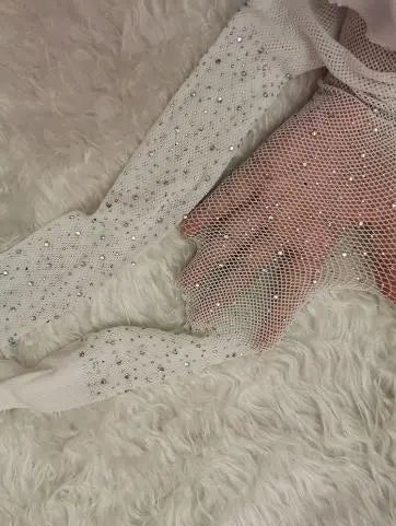 Fishnet Diamond Pantyhose Women Sexy Fashion Shiny Net Tights Female Slim Rhinestone Mesh Nylon Stockings Tights Ivory One Size