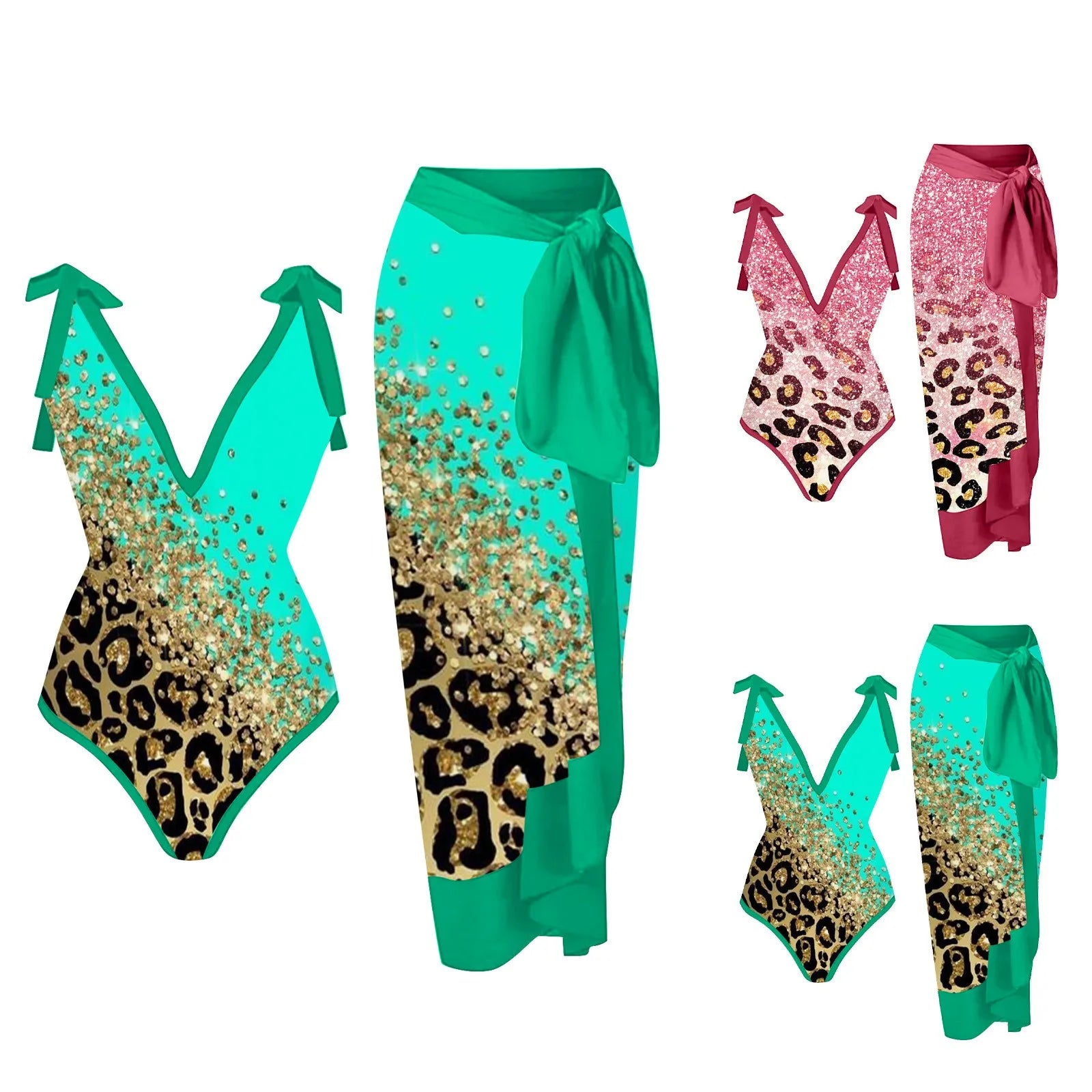 Bikini Women One Piece Swimwear With Cover Ups Sexy Deep V-Neck Lace Up Swimsuit Summer Hawaiian Casual Bathing Suit