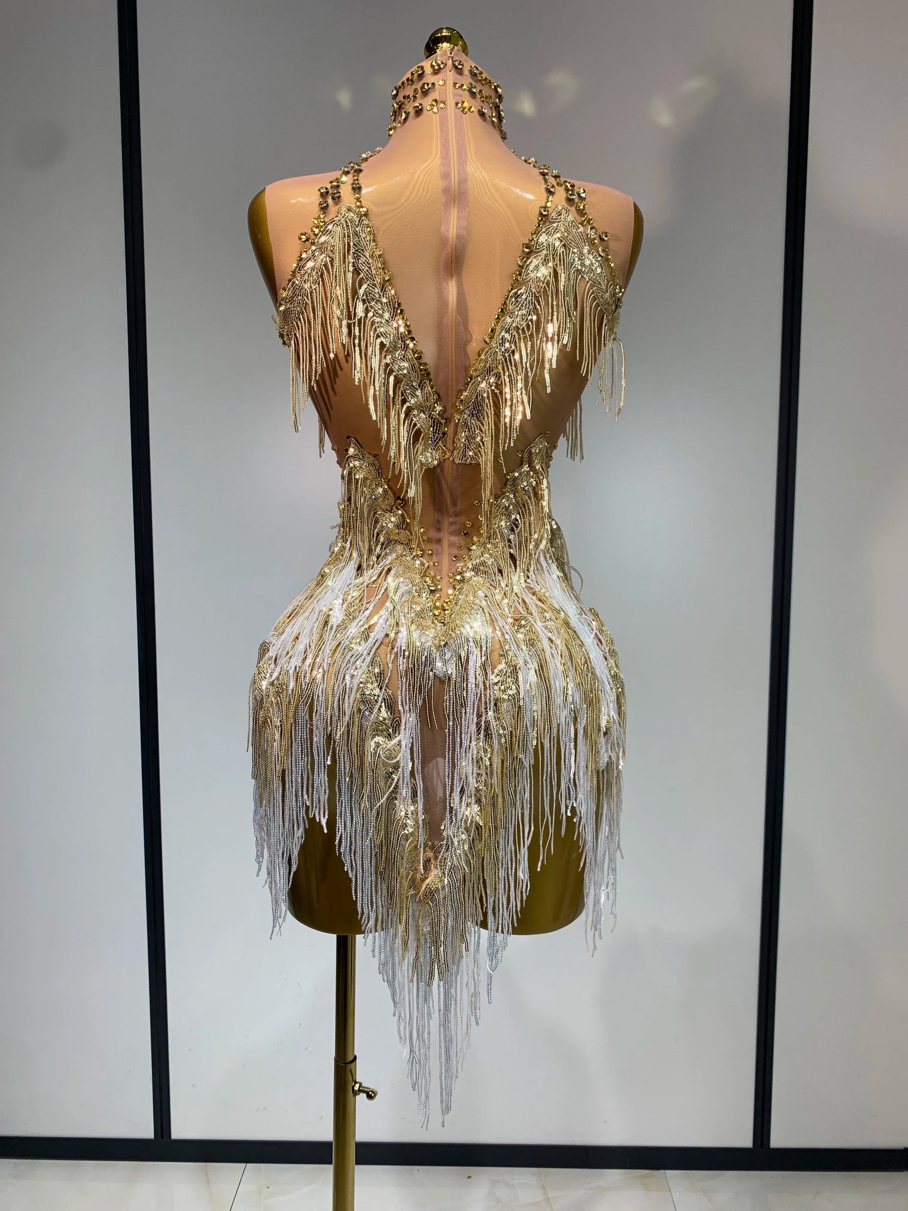 Luxury Birthday Dress Rhinestone Tassel Sexy Women Short Latino Dance Dress Nightclub Bar Sparkly Performance Stage Outfit