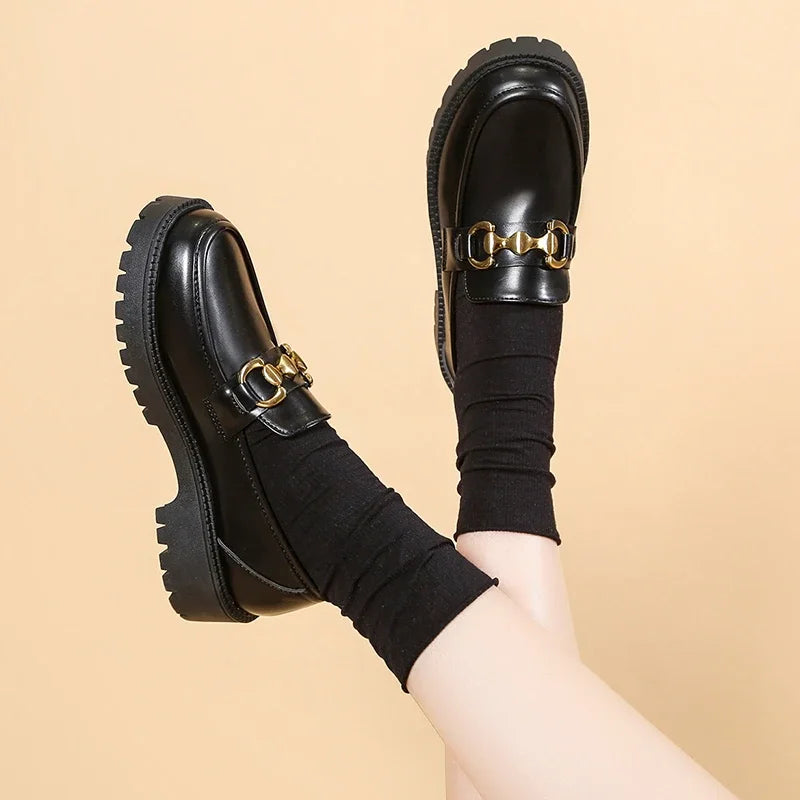 Women Loafers 2024 Spring Metal Button Black Platform Women's Shoes Fashion JK Lolita Soft Soled Student Office Leather Shoes