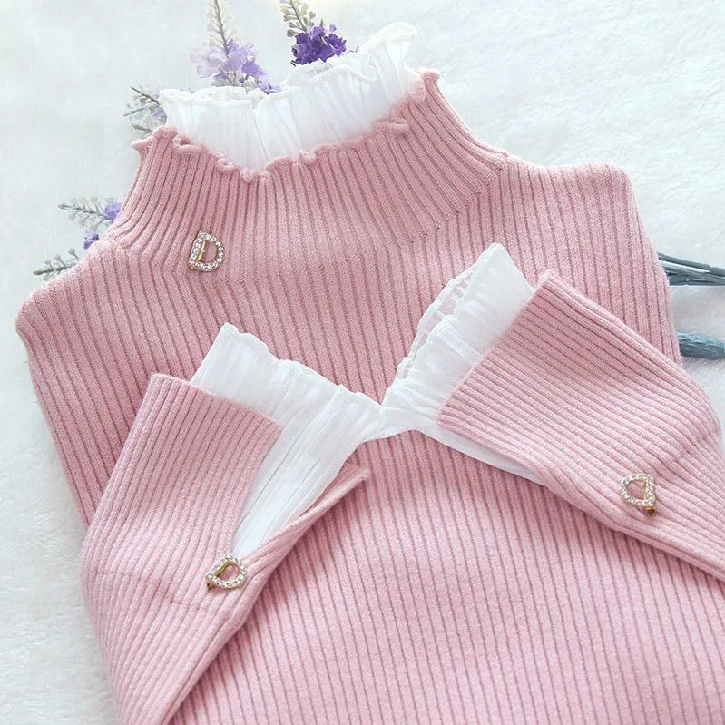 Deeptown Korean Style Turtleneck Women Elegant Pink Sweater Slim Basic Pullover Jumper Warm Purple Pullover Female Top Winter Pink