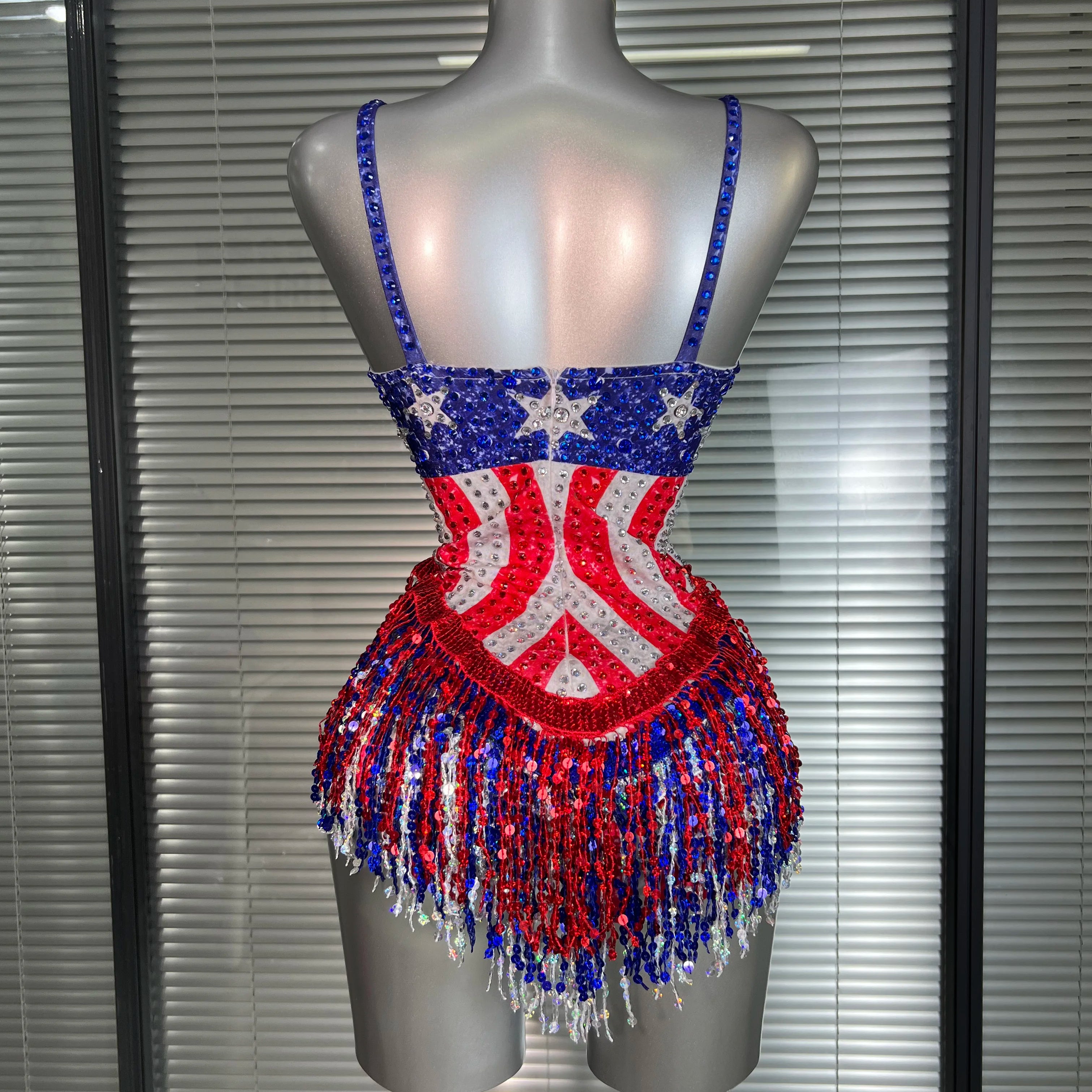 Women Sexy Tassel Crystal Stretched Night Club Circus Dancer USA Flag Stage Costume Party Bodysuit