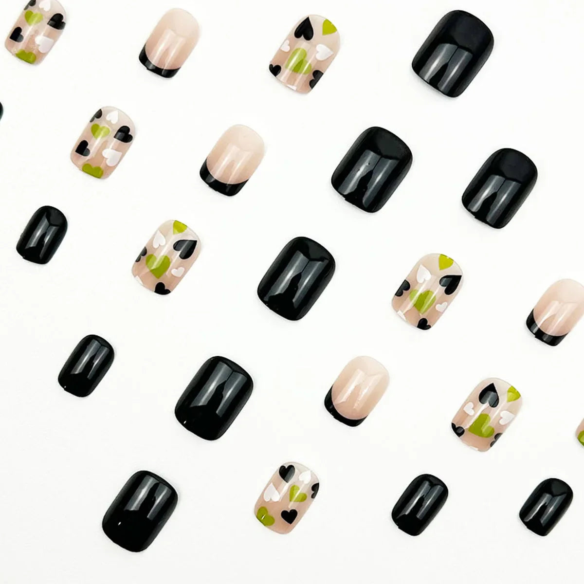 Short Square Fake Nails 24Pcs Nude Color Press On Nails Colorful Love Heart Printed Women Girls Valentine's Day Charm Manicure