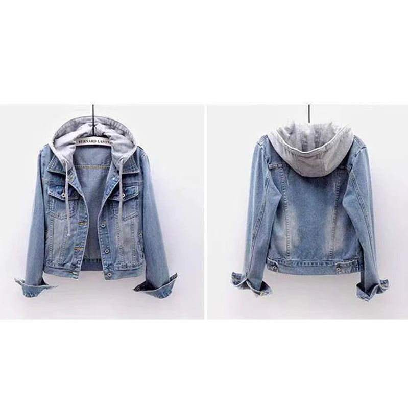 Denim Jacket Woman Hooded Short Style Clothing Retro Topcoat Pocket Buttons Long Sleeved Warm Tops Loose Fitting Autumn Winter