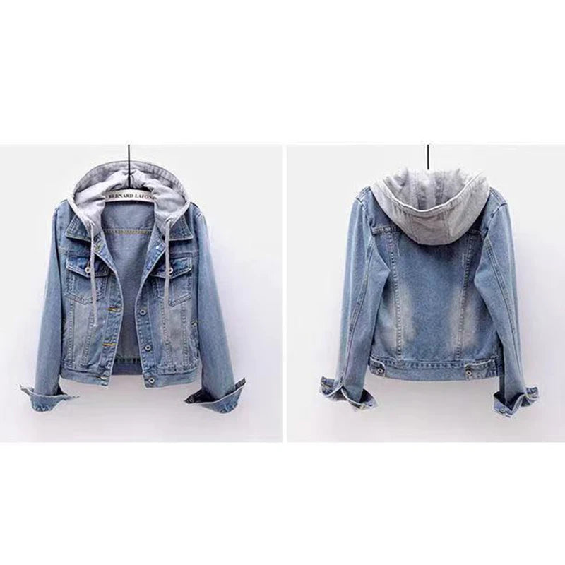 Denim Jacket Woman Hooded Short Style Clothing Retro Topcoat Pocket Buttons Long Sleeved Warm Tops Loose Fitting Autumn Winter