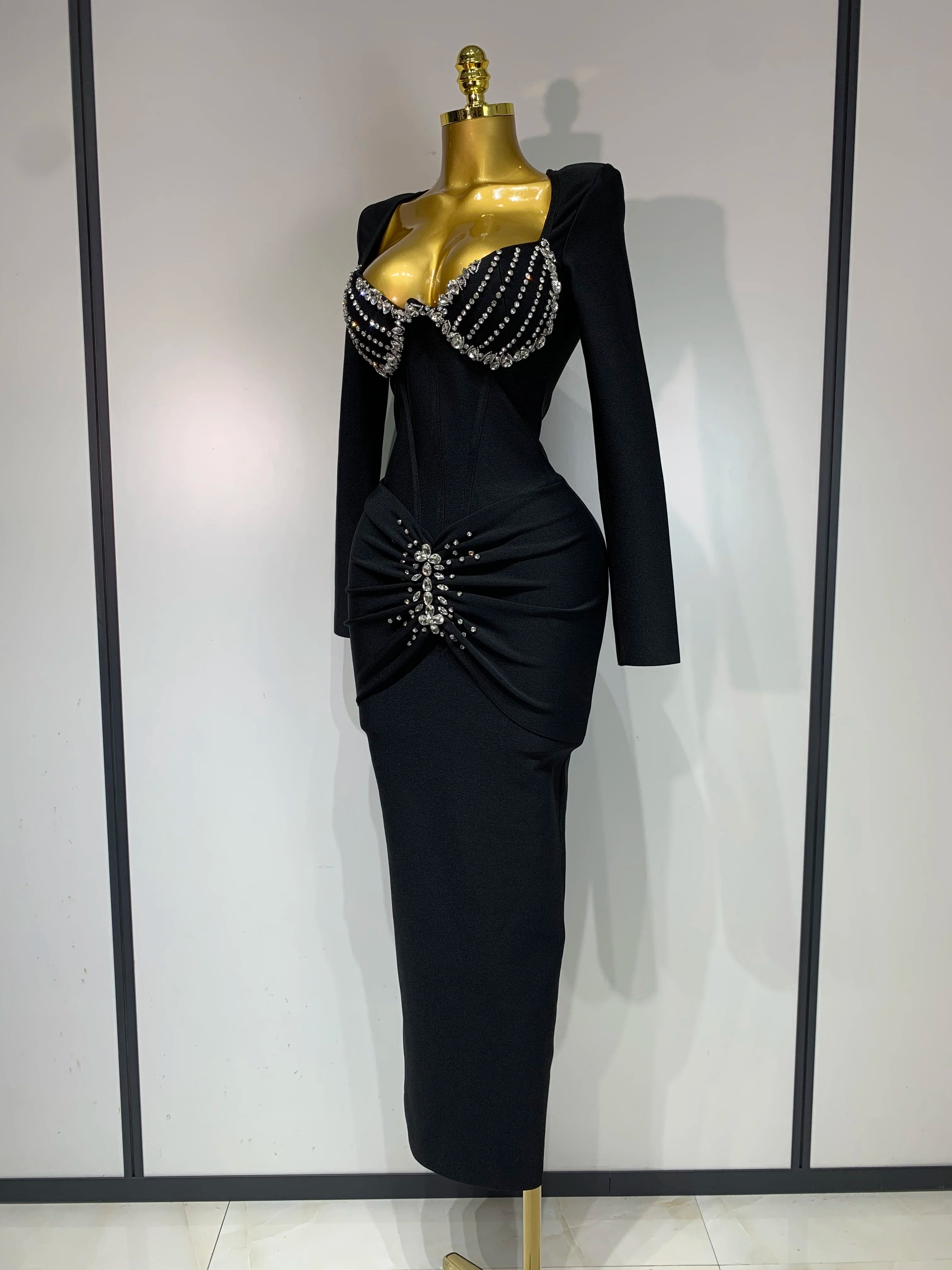 Women Sexy Luxury Sparkly Beading Bandage Dress 2025 Long Sleeve Bodycon Celebrity Party Elegant Evening Club Pary Dresses