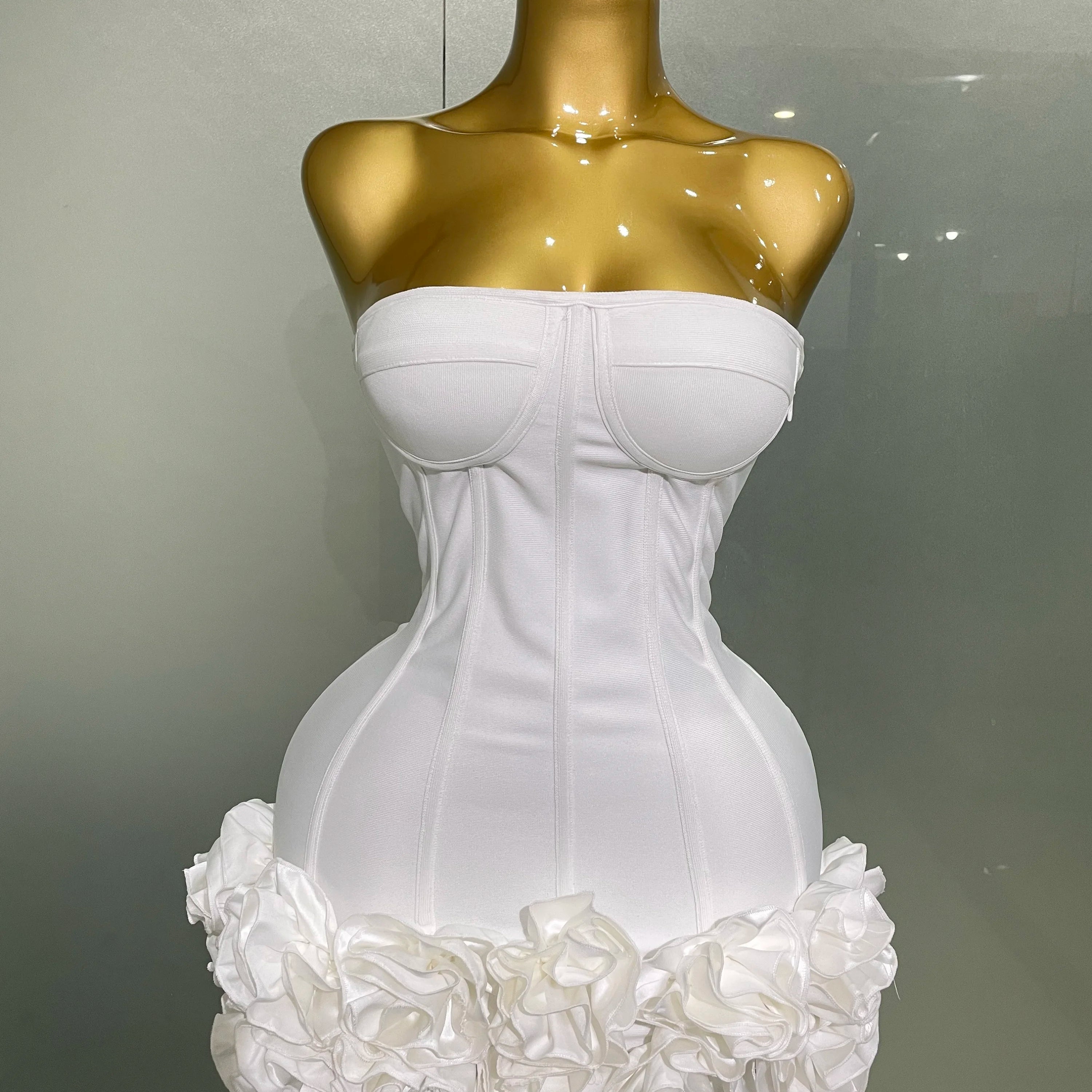 Women Evening Bandage Dress Strapless Bodycon Flowers Mini Celebrity Sexy Birthday Party Dresses Photo Shoot Nightclub Outfit