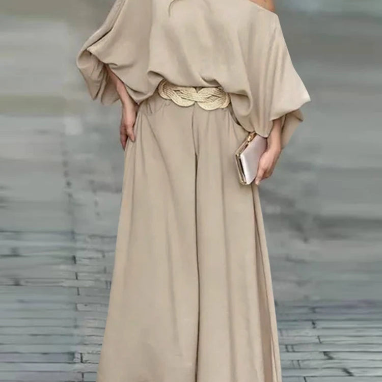 Plus Size VONDA Women Outfits Casual Slanted Collar Tops Elastic Waist Wide Leg Pant Sets 2024 Elegant Solid Pants Suits 2PCS