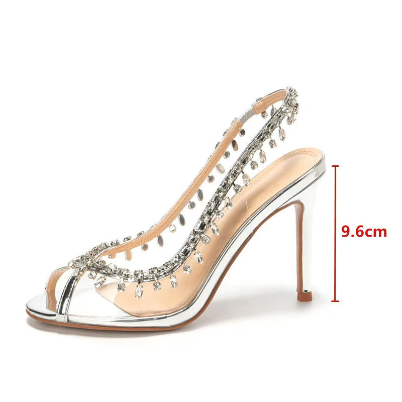 Luxury Crystal Pendant Slingbacks Women Pumps Sexy Peep Toe Transparent PVC Thin High heels Spring Autumn Party Wedding Shoes Silver