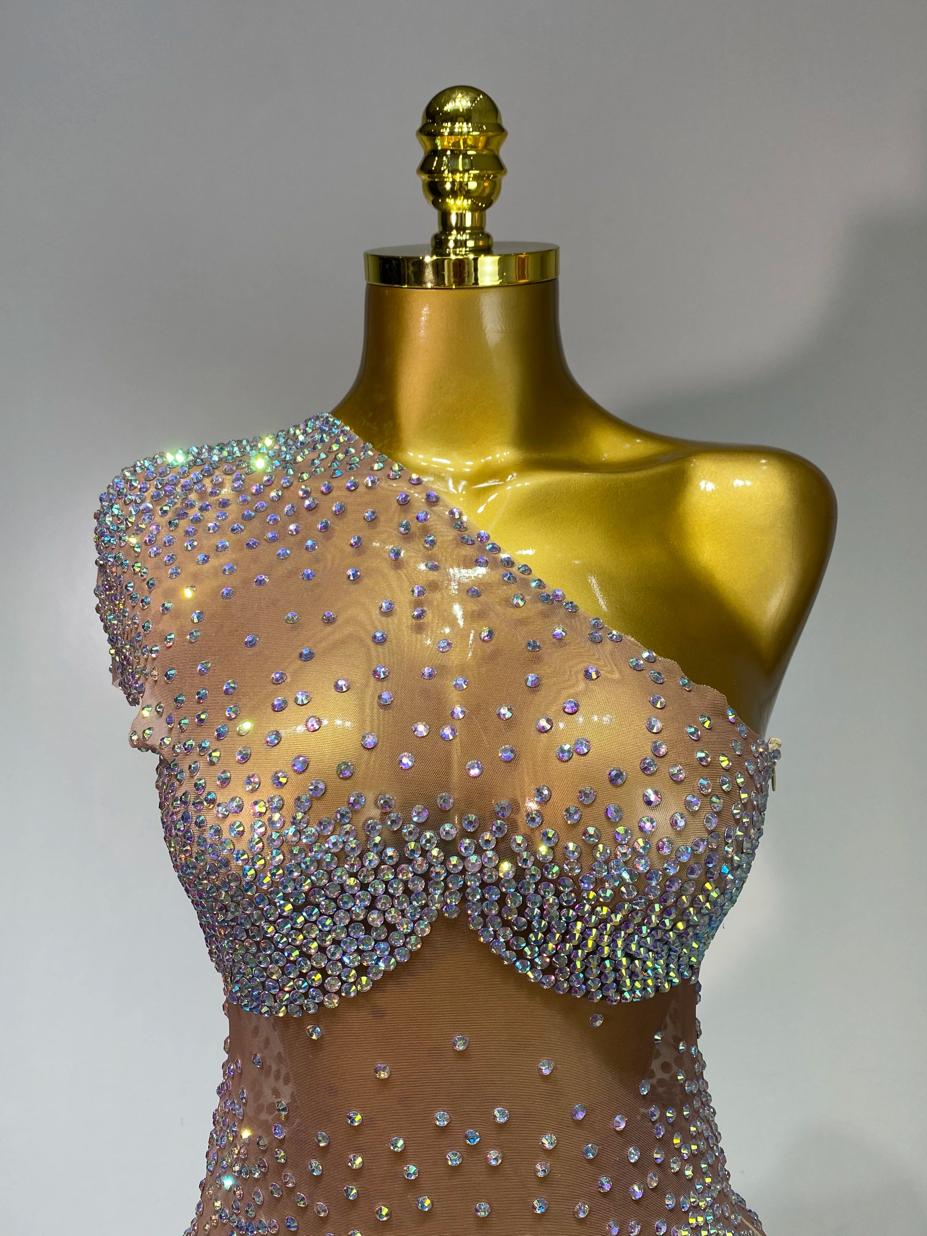 Sparkly Rhinestones Women Sexy One Shoulder Bodycon Mini Dress Mesh See Through Celebrate Nightclub Party Birthday Stage Outfit