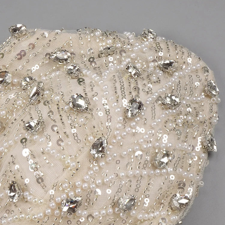 VC Nude Strapless Crystals Embellished Long Dress Sheath Low V Neck Sleeveless Feather High Side Slit Floor Length Evening  Gown