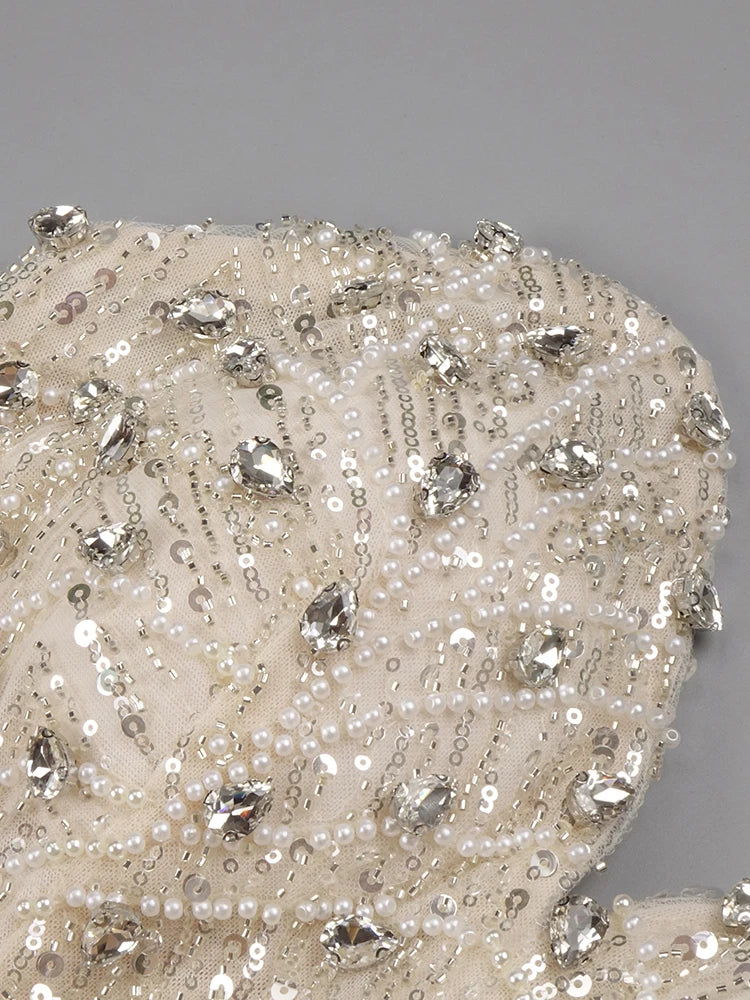 VC Nude Strapless Crystals Embellished Long Dress Sheath Low V Neck Sleeveless Feather High Side Slit Floor Length Evening  Gown