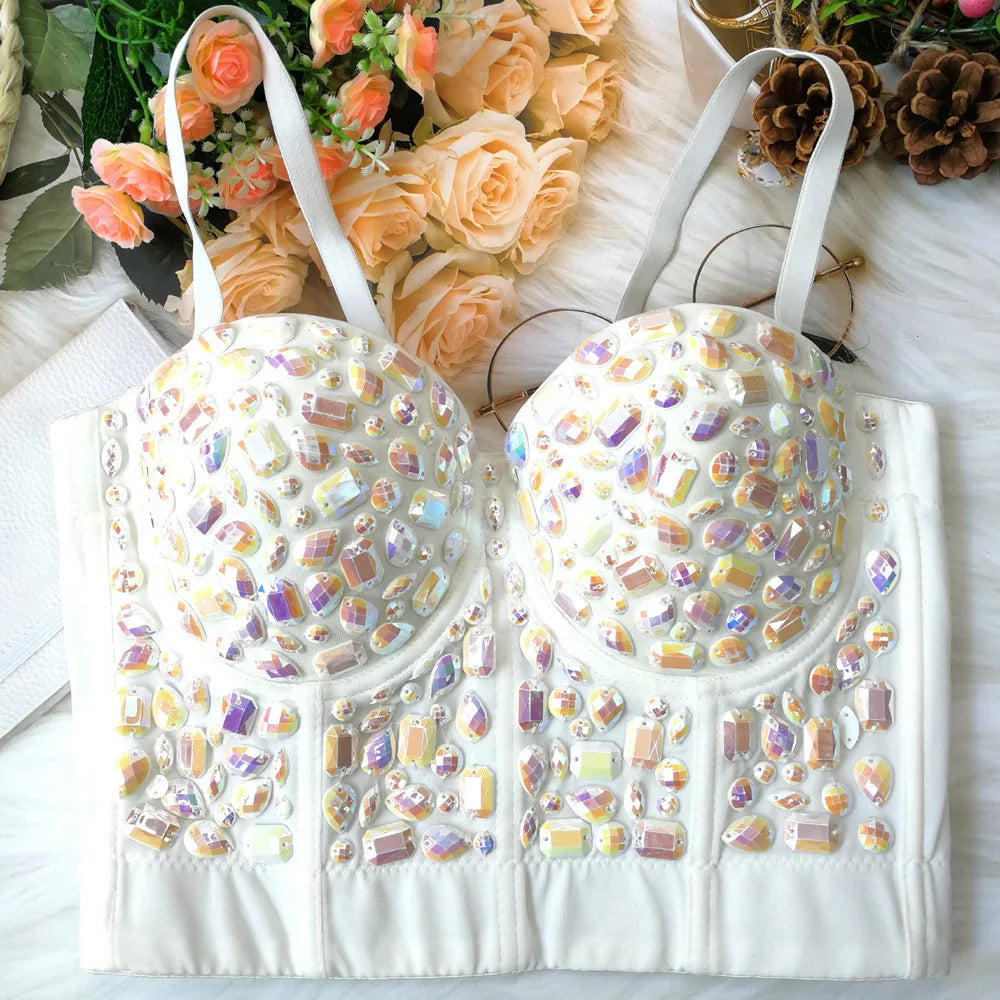 Fashion Sexy Women's Bustier Bra Hand-made Pearls Jewel Diamond Beading Crop Tops Female Cropped Sling Vest Top Bling Bra style 1 as pic 4