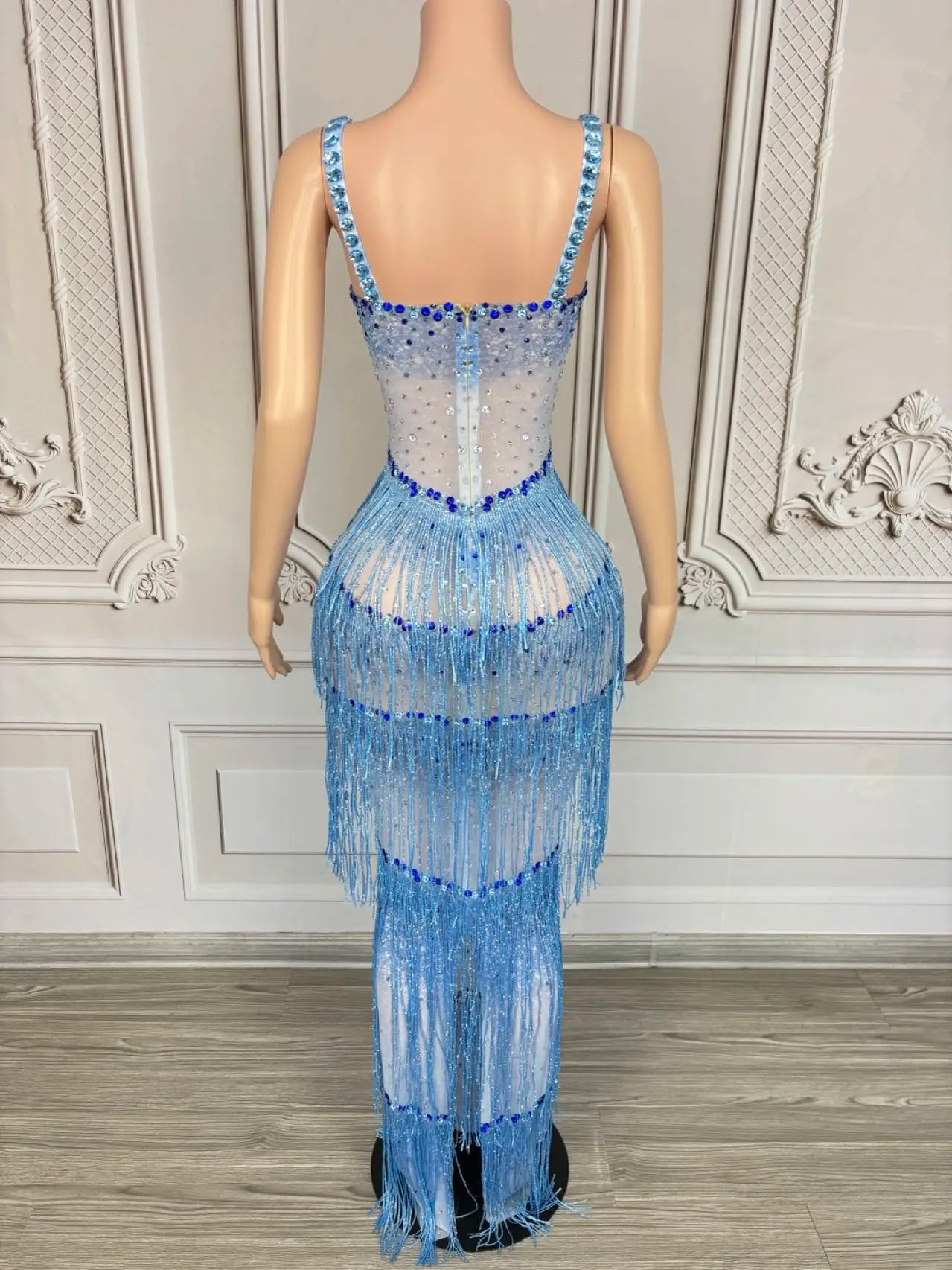 Sparkly Rhinestones Tassel Slip Long Dress Sexy Women Celebrate Prom Sheer Mesh Evening Dress Birthday Photo Shoot Wear lantian