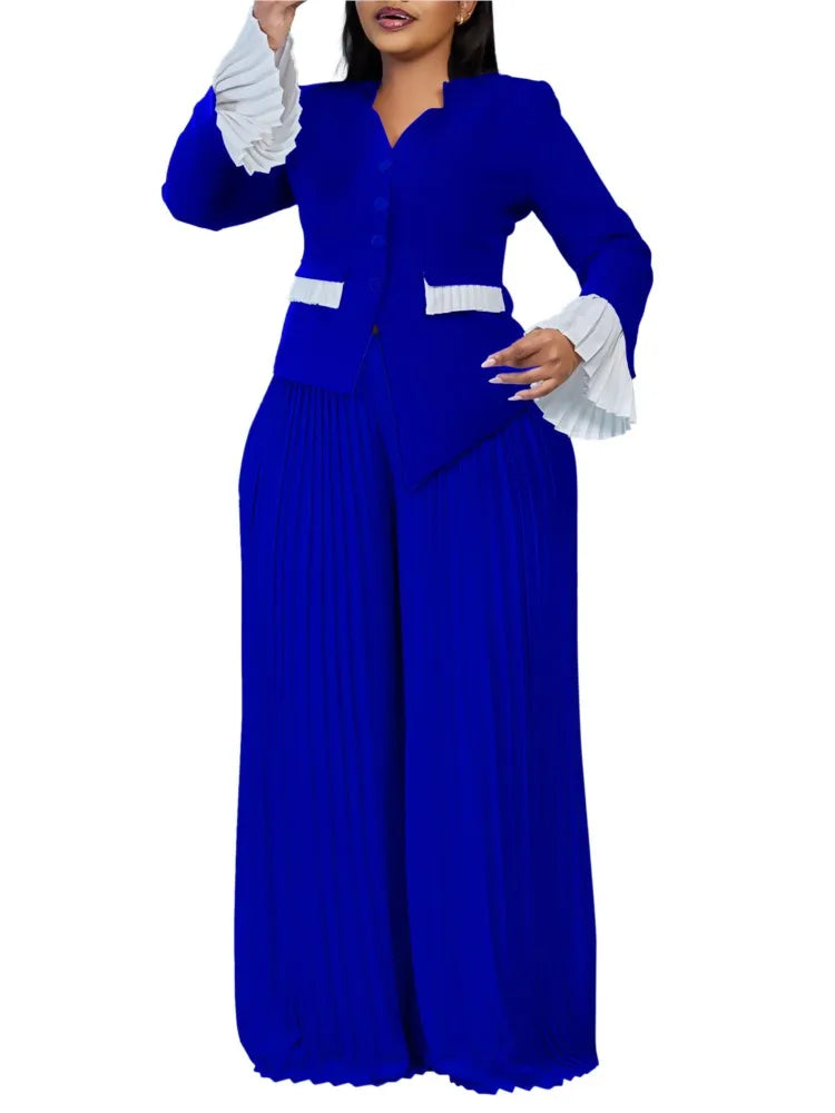 Plus Size Spring Autumn 2 Two Piece Set Women Slim Fashion Irregular Ladies Blouses Pleated Loose Wide Leg Woman Long Pant