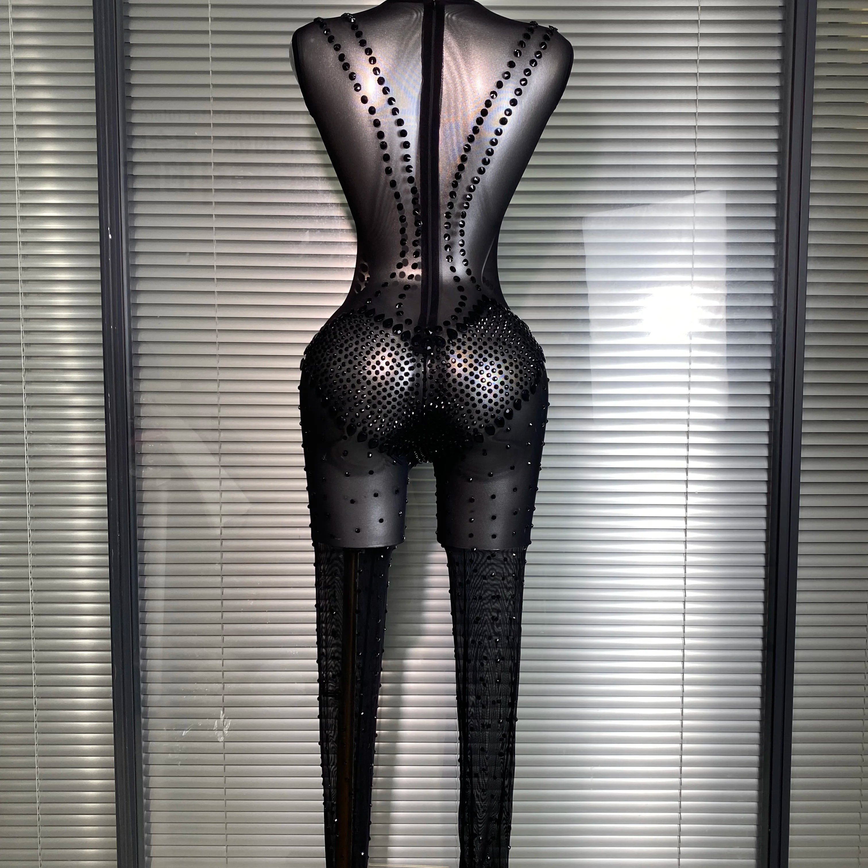 Summer New 2025 Women Sexy Crystal Sheer Black Bodycon Jumpsuit Celebrity Designer Dancer Celebrity Night Club Rompers