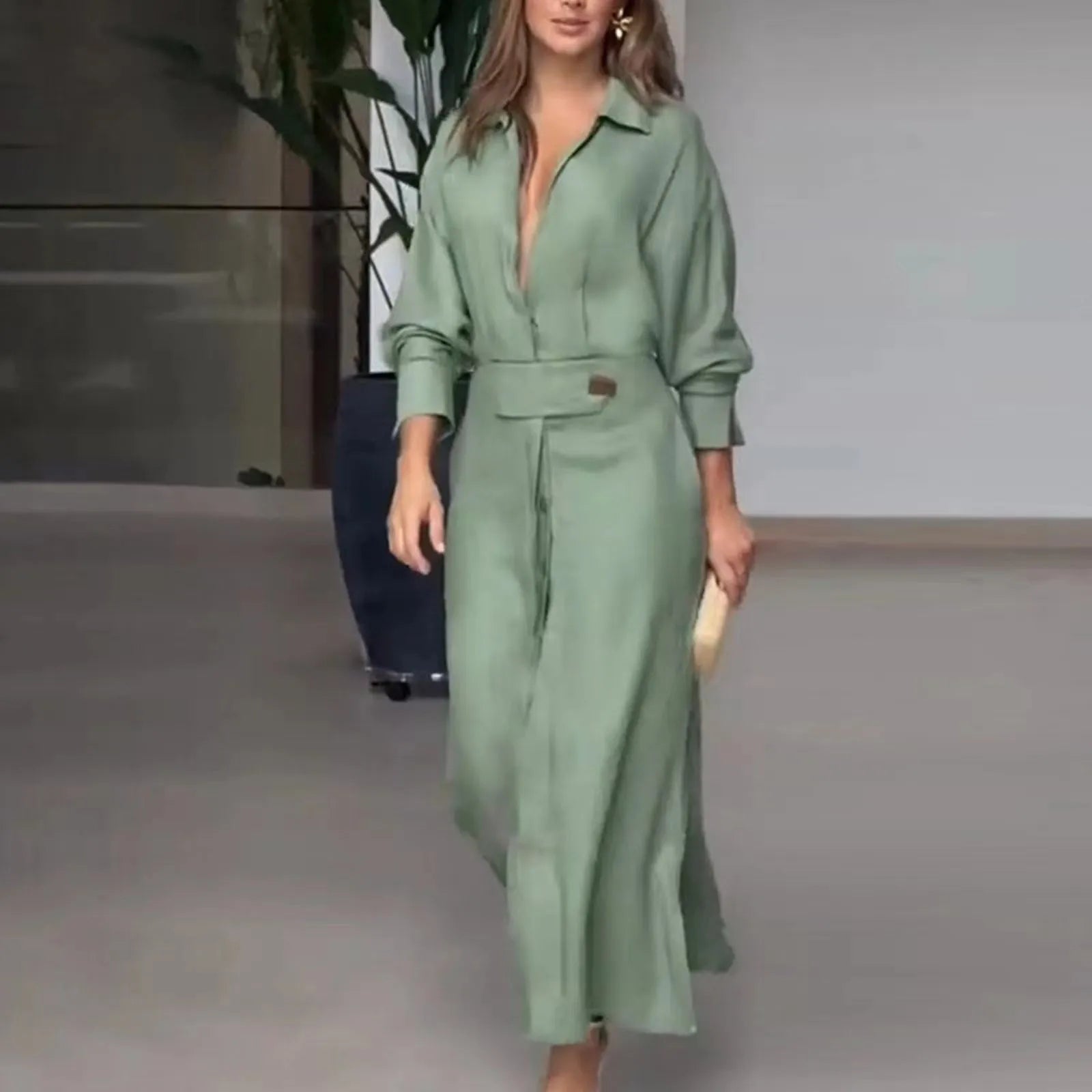 Plus Size Women Dress Elegant Solid Casual V Neck Long Sleeve Dress Long Skirt Pocket Lady Streetwear Dresses For Women green