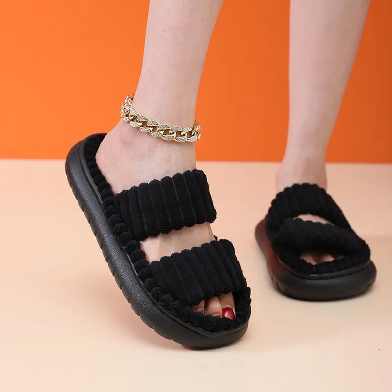 Autumn Winter Women Home Slippers Open-Toe Cross Band Linen Soled Indoor Slides Linen Soled Non-Slip Bathroom Slippers black-2