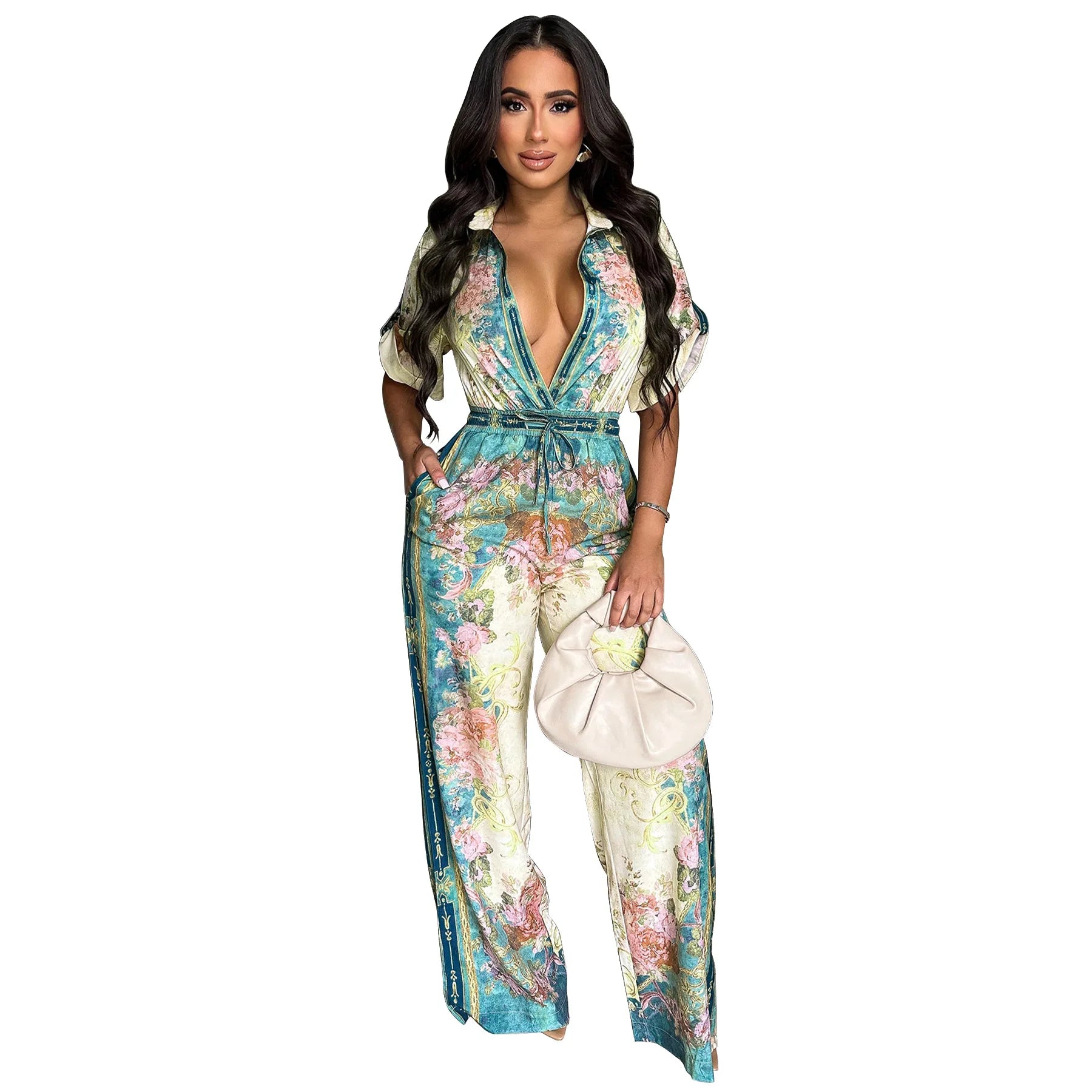 CM.YAYA Women Floral Printed Vintage Blouse Style Wide Leg Jumpsuits 2025 Summer Beach Night Club Playsuit One Piece Suit Romper Light Blue