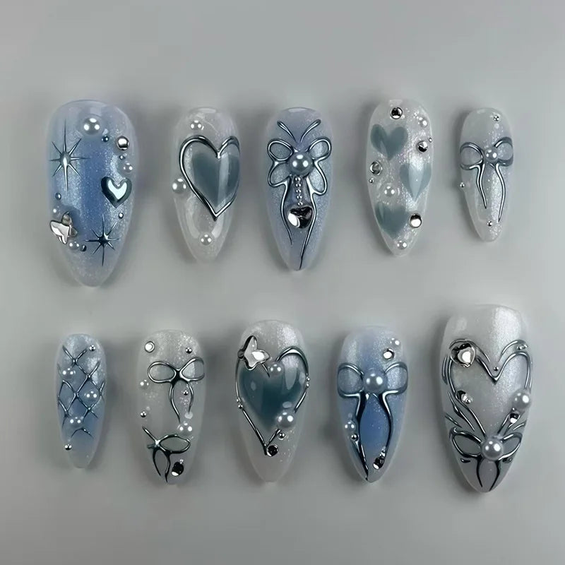 24pcs Y2k Love False Nails Sweet Cool Blue Blush Butterfly Print Fake Nails Tips Wearable Detachable Almond Press on Nails