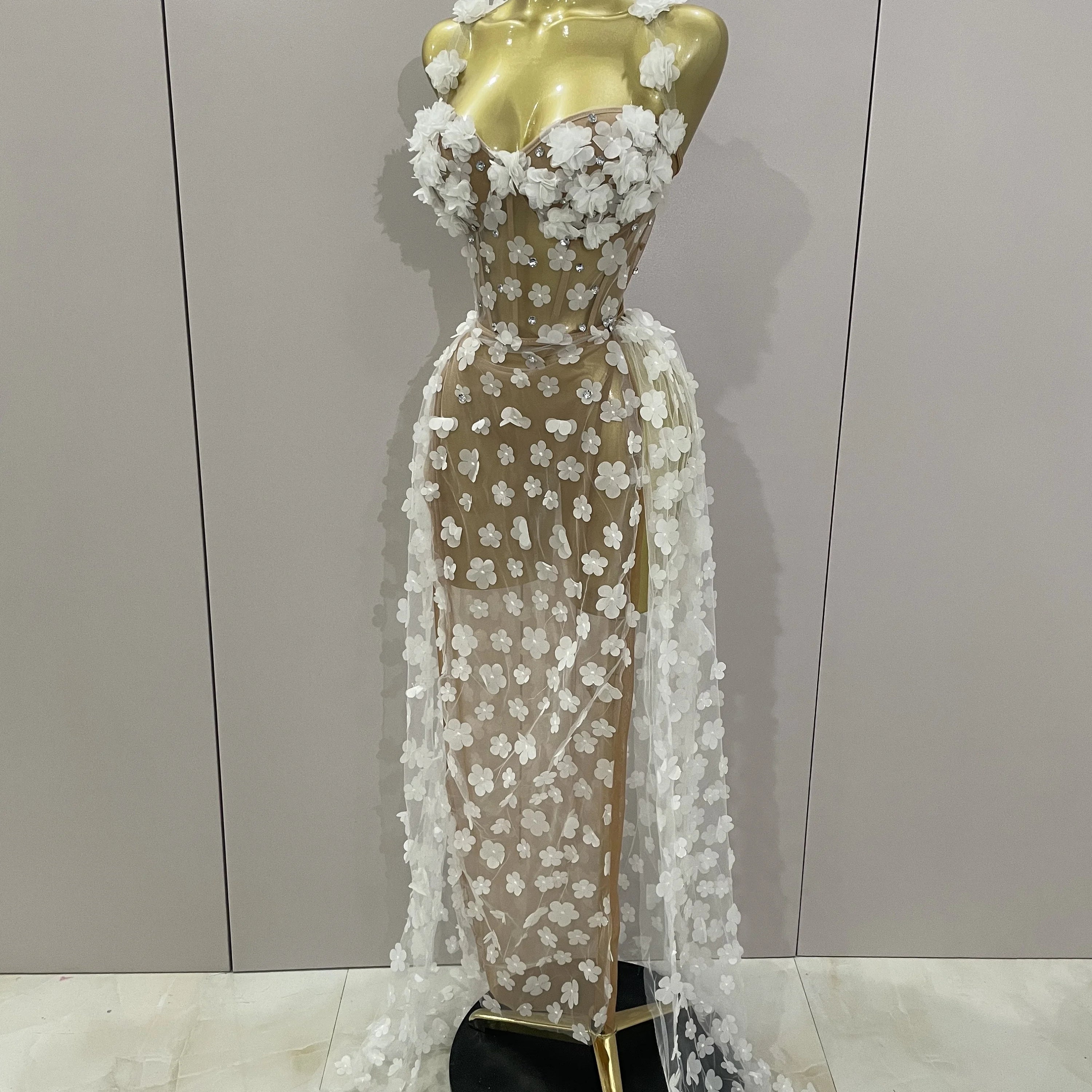 Sexy Mesh See Through Flowers Backless Long Dress 2025 Women Elegant Party Wedding Celebrate Evening Gown Prom Hotwife Outfit