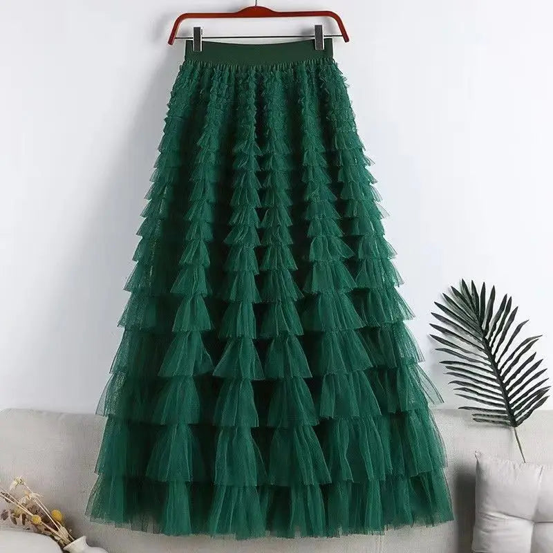 Casual Womens Solid Ball Gown Long Skirt Tulle High Waist Pleated Tutu Skirt Elegant Ladies Wild Mesh Dating Maxi Skirts Drop Green