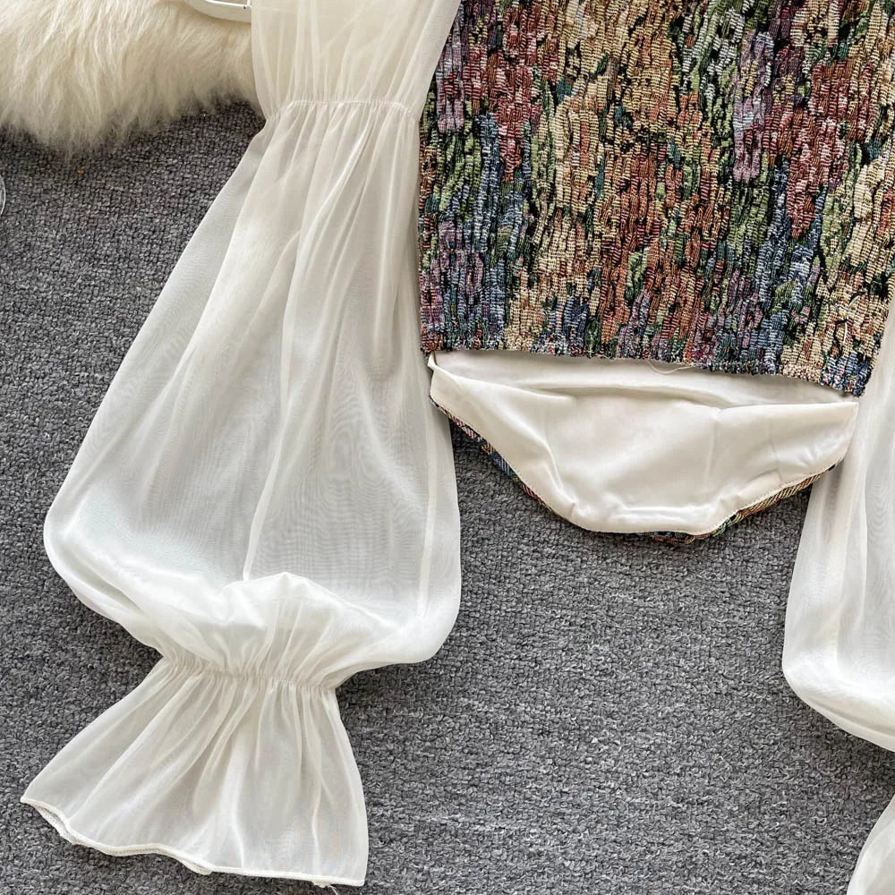 Women Tops Autumn Retro Y2K Rose Flower Print Long Sleeve Gothic Shirts Fashion Irregular Bandage Party Blouses