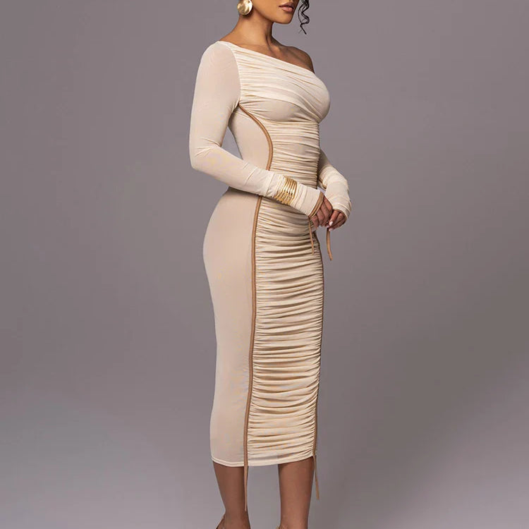 Mozision Diagonal Collar Long Sleeve Midi Dress For Women Two Layer Mesh Backless Ruched Bodycon Club Party Sexy Long Dress