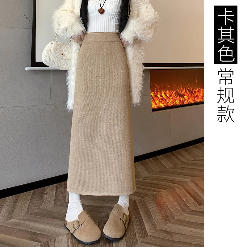 Women Sweater Skirt Pencil Knitted Skirt High Waist Skirts Womens Winter 2023 Long Warm Knitting Skirts Straight Split Bottoms Khaki