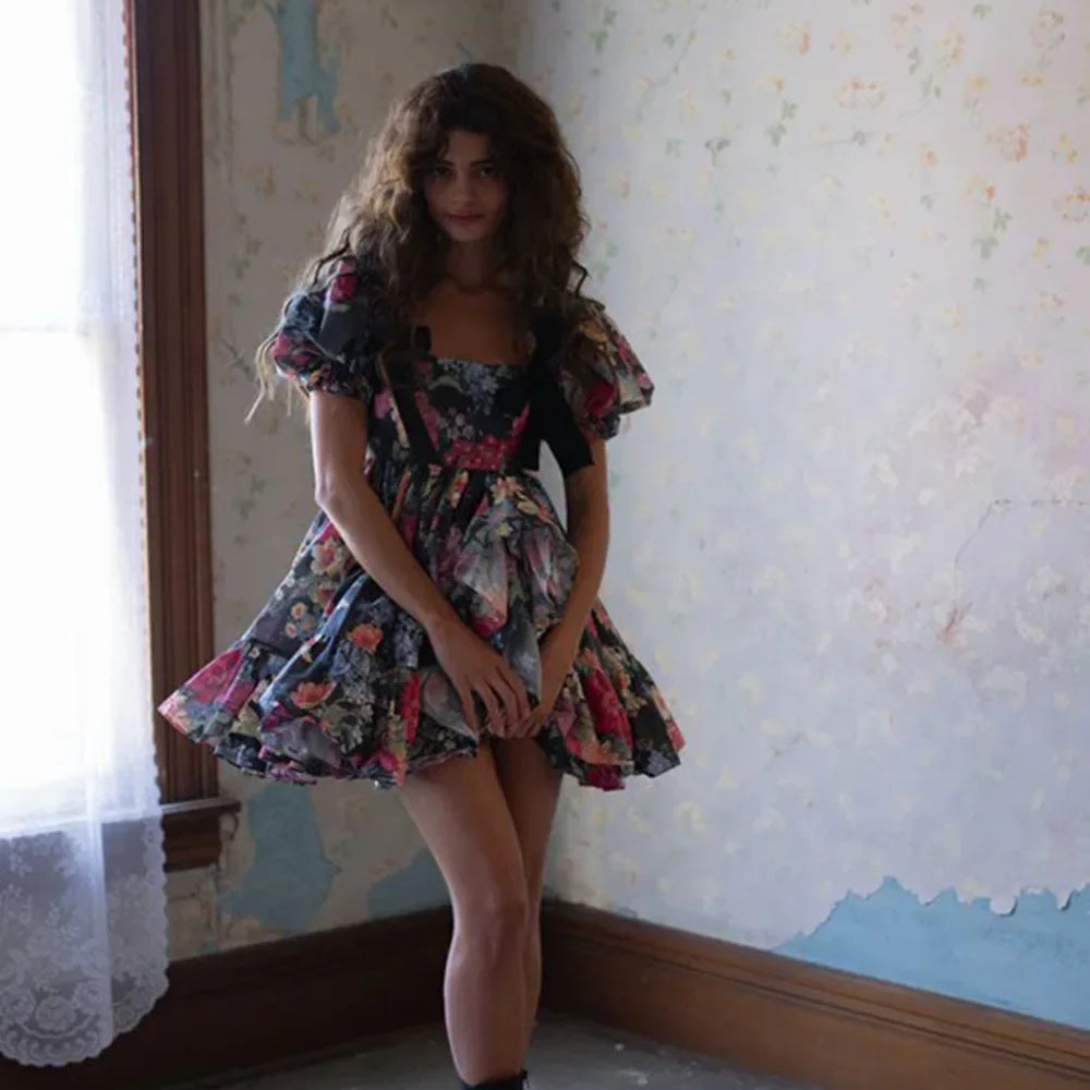 Women Short Sleeve Square Collar Ball Gown Mini Dress Print Color Celebrate Girls's Vacation Celebrate Birthday Outfit