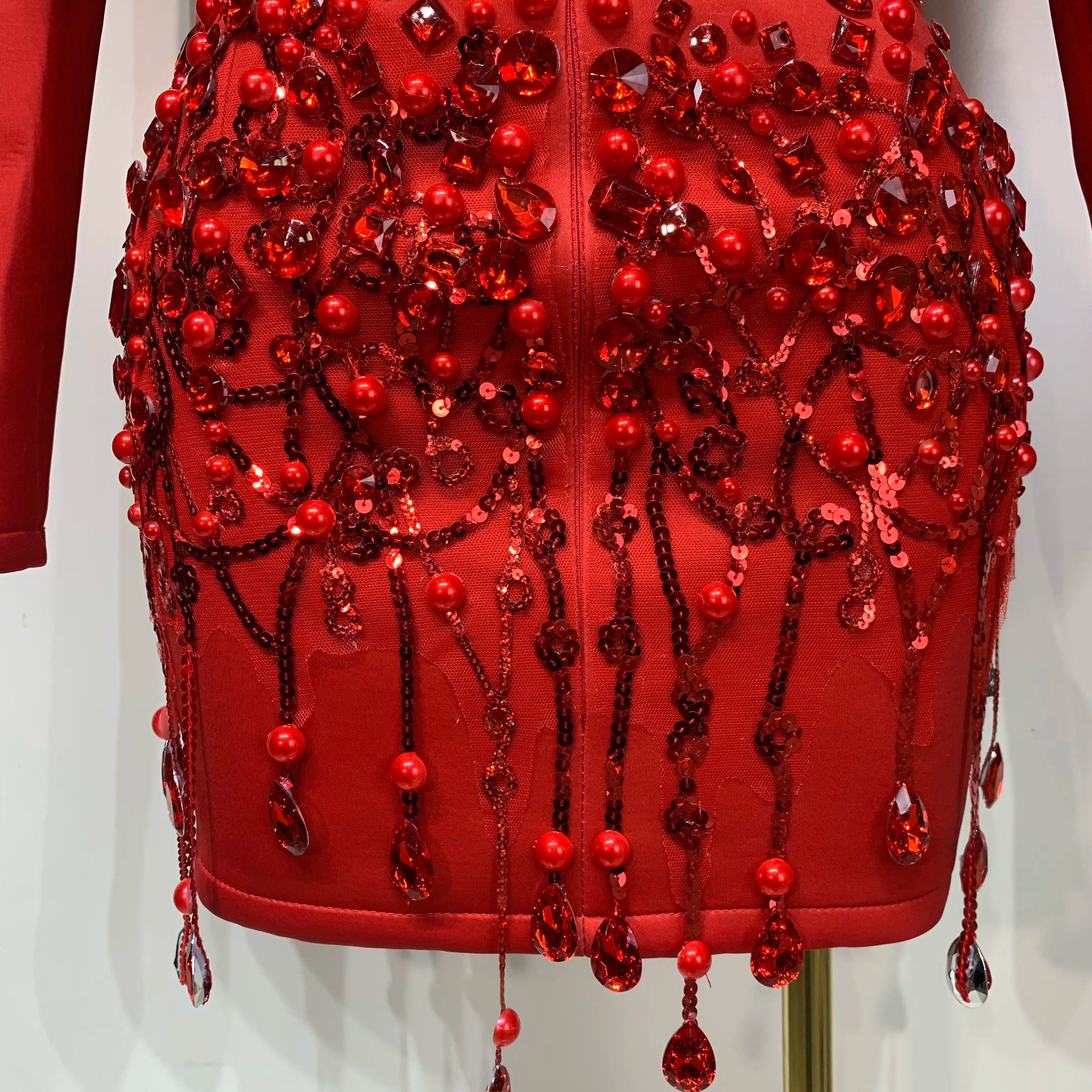 Luxury Rhinestone High Quality Deep V-Neck Slim Fit Red Suit Dress 2025 New Fashion Celebirty Elegant Evening Club Party Dresses