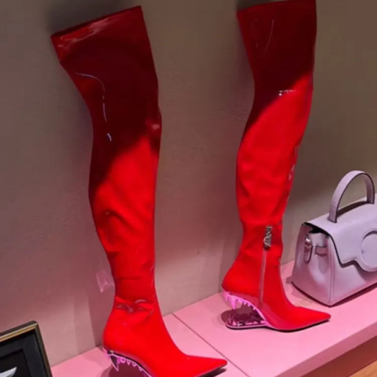 European and American New Knee-length Thigh Women's Boots Fashion Pointed Side Zipper Teeth High Heels Show Patent Leather Boots red
