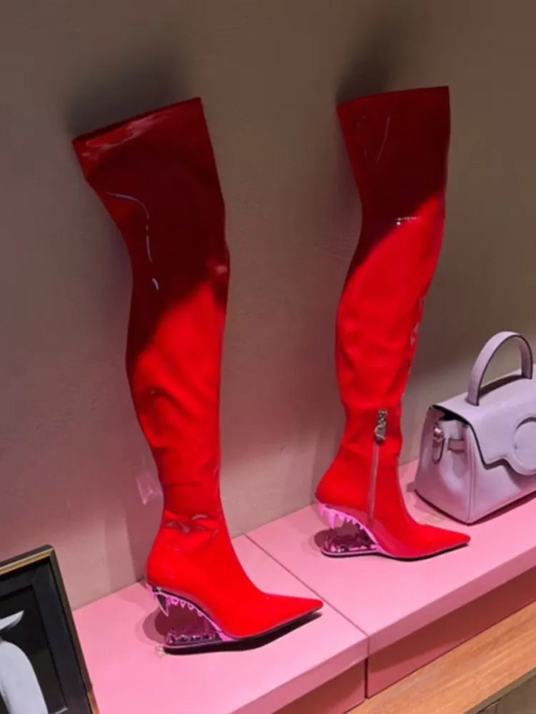 European and American New Knee-length Thigh Women's Boots Fashion Pointed Side Zipper Teeth High Heels Show Patent Leather Boots red
